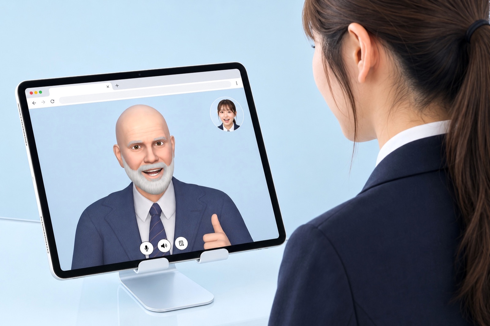 タブレットでAI試験官と英検®二次試験の模擬面接をする受験者